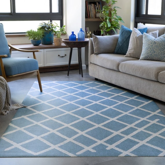 ブルーの幾何学模様ビニールフロアマット：ボヘミアン風シックな