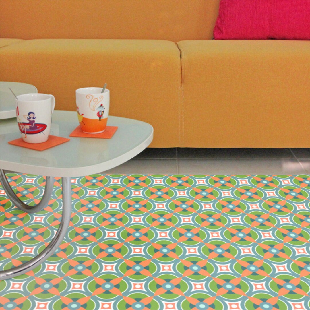 Vinyl Floor Mat, Vintage Style, With Orange and Green Vintage Pattern