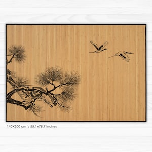 Bamboo rug Cranes illustration in black and grey, Art Mat image 7