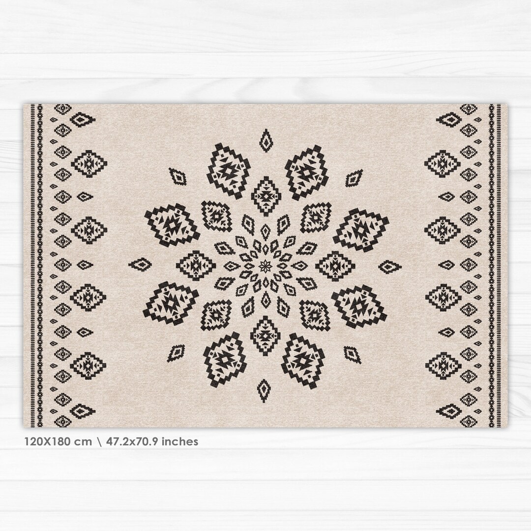 Samara Vinyl Floor Mat With Boho Design, Geometric Vinyl Rug. Black ...