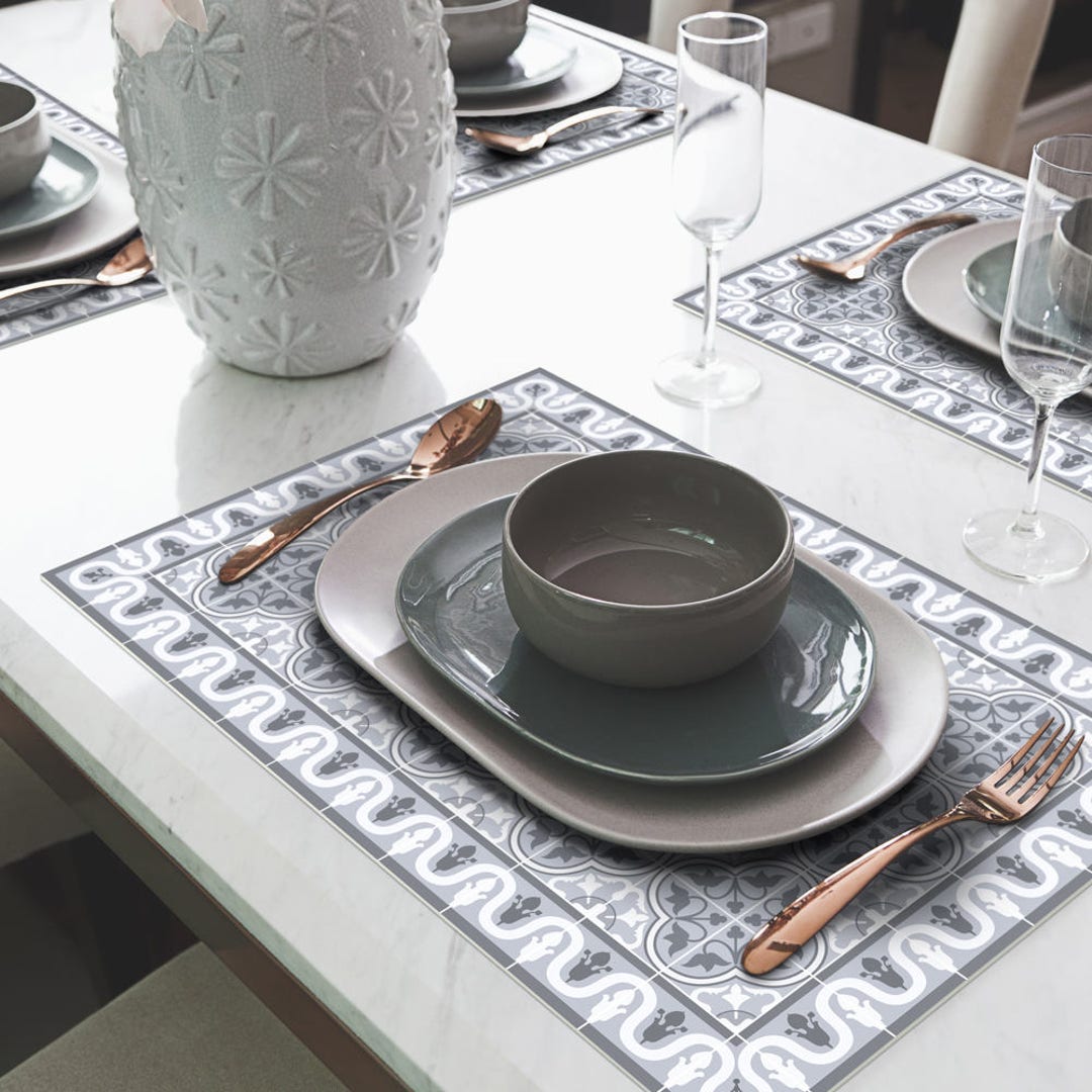 Vinyl Placemat With Tile Design in Grey. Placemats for Dining Table