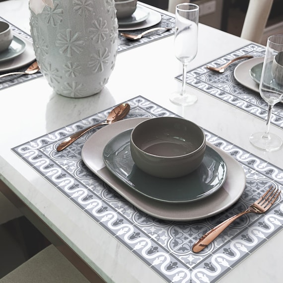 Vinyl Placemat With Tile Design In Grey Placemats For Dining Etsy
