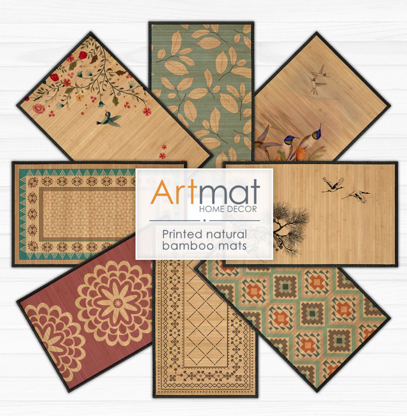 Printed Bamboo Rug - Patchwork Design in Green, Red and Turquoise ...