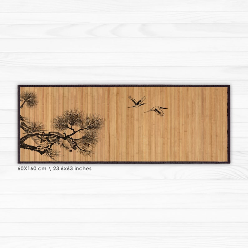 Bamboo rug Cranes illustration in black and grey, Art Mat image 6