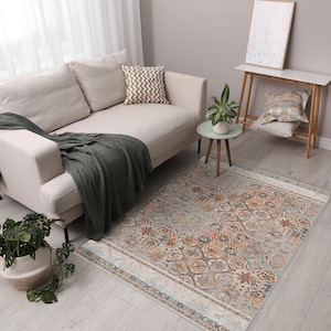 May include: A beige and brown patterned area rug with a light blue border. The rug is in a living room setting with a white sofa, a green throw blanket, and a small wooden side table.