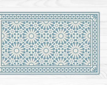 Light blue vinyl floor mat with Moroccan tiles design. Linoleum style rug with zellige tiles. vinyl kitchen rug, bath mat, pet mat.