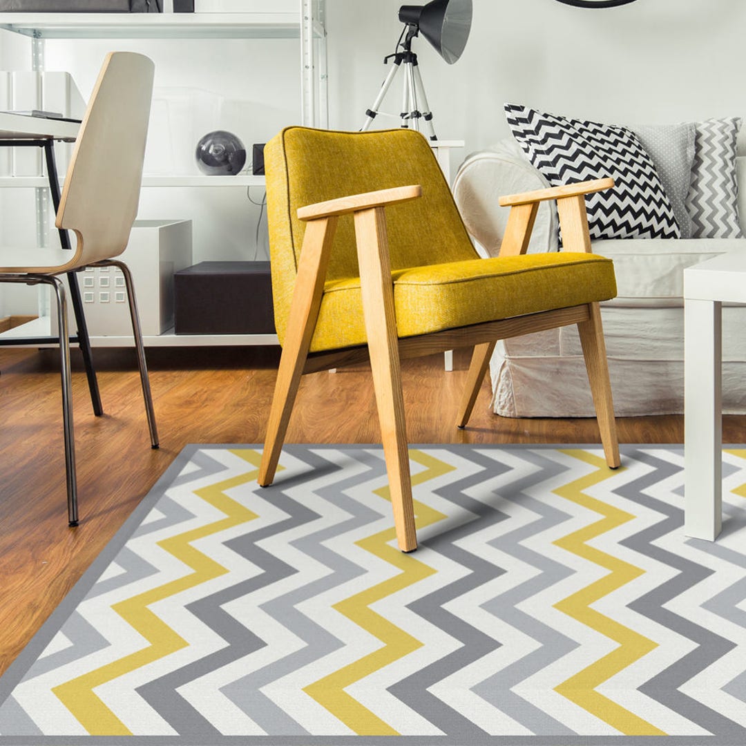 Chevron Area Tug Linoleum Rug in Yellow and Grey. Printed Etsy