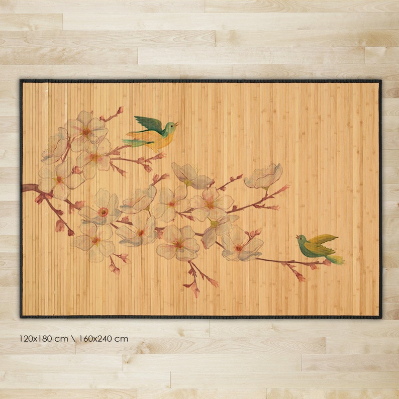 Printed Bamboo Mat area rug Oriental print of bird on Etsy