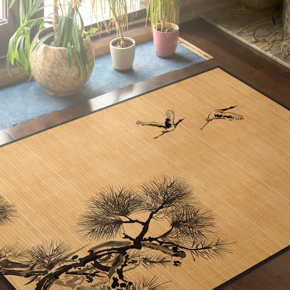 Bamboo Rug Cranes Illustration in Black and Grey, Art Mat 
