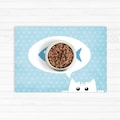 Cat food placemat. Hungry cat illustration with fish, in blue. Pet Food Mat // cat Bowl Mat // cat Placemat // pet Place mat // cat mat product logo