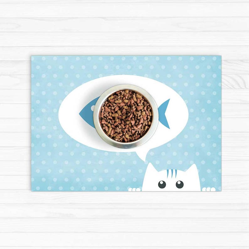 Cat Food Placemat. Hungry Cat Illustration With Fish in Blue. Etsy