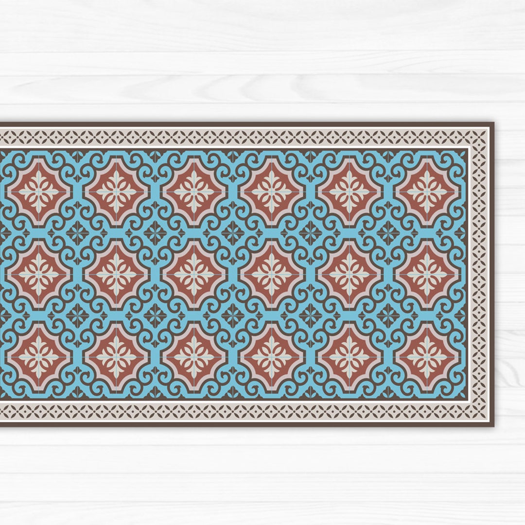 Linoleum Rug, Turquoise & Terracotta Area Rug or Kitchen Mat, With
