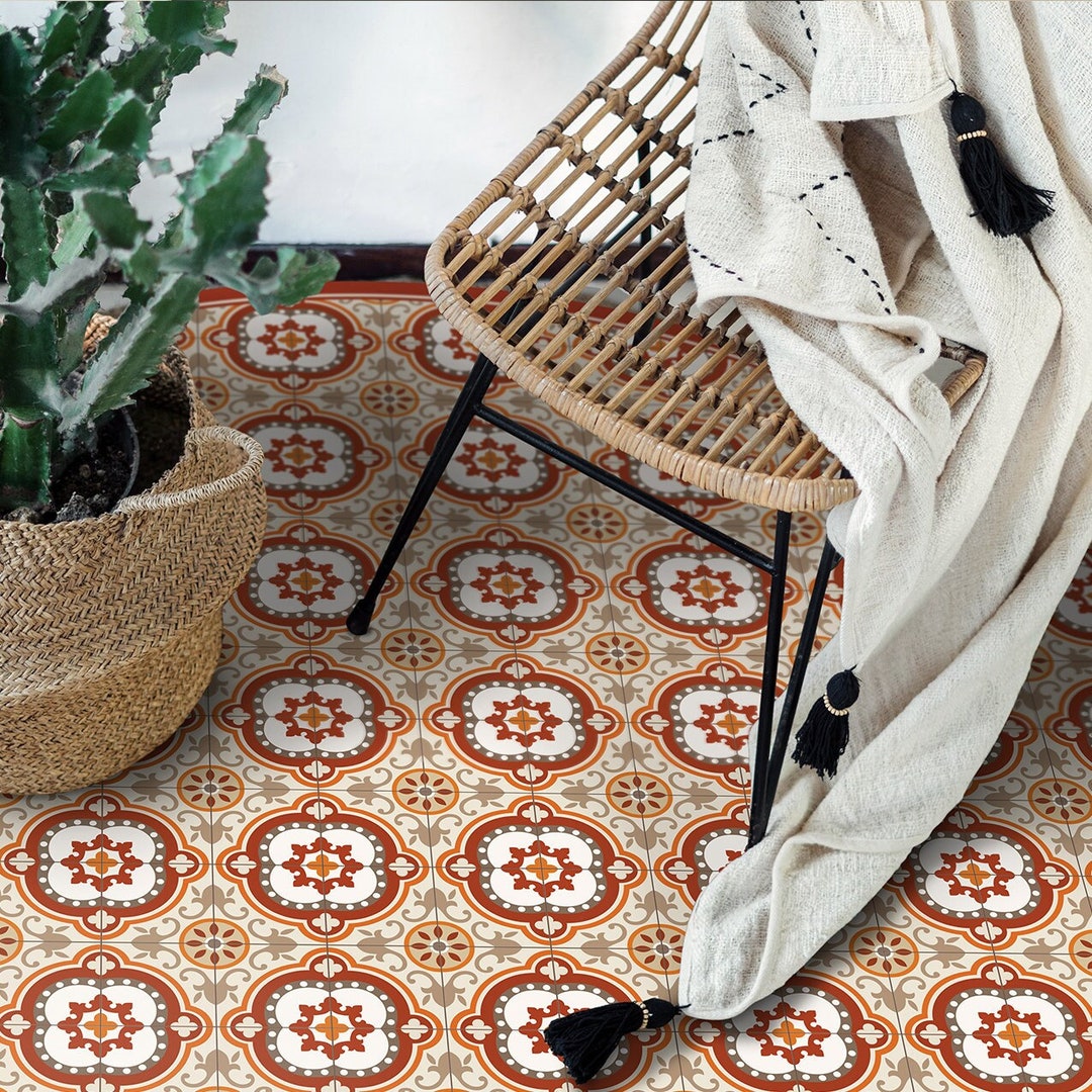 Round Vinyl Floor Mat With Red With Decorative Tiles in Etsy