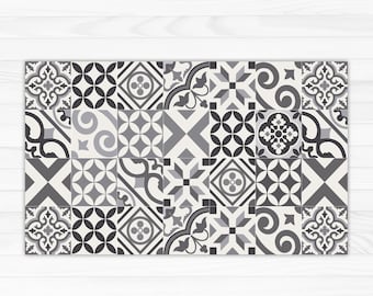 Gray tiles vinyl floor mat. Eclectic tiles in gray and white, kitchen floor mat, runner rug, area rug.