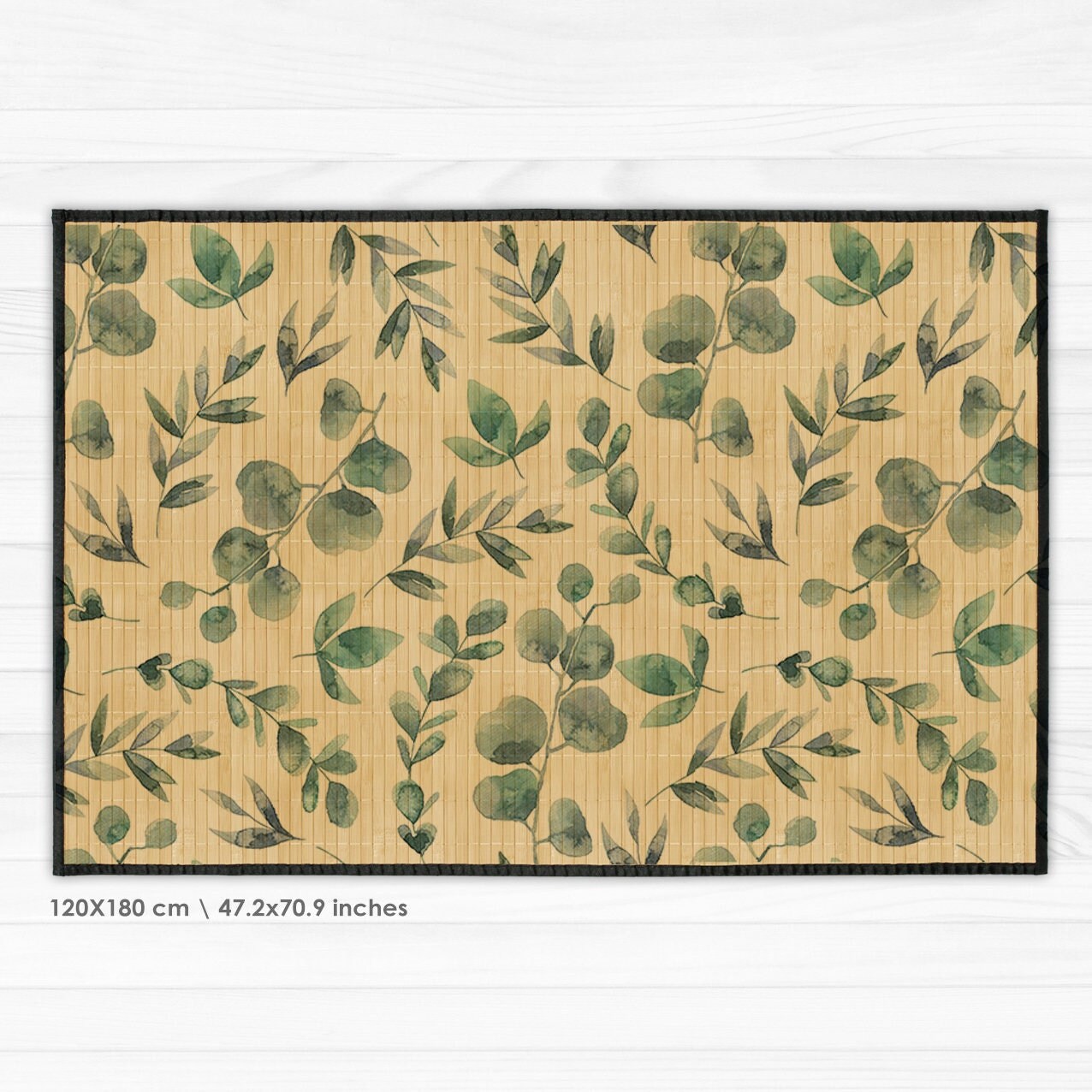 bamboo mat with leaves pattern in green. Natural bamboo rug with green leaves design, suitable for indoor home décor.