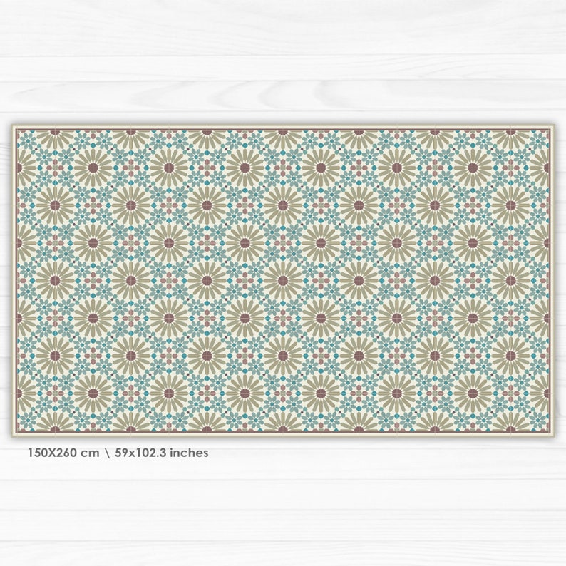 May include: A beige rug with a repeating pattern of brown, blue, and pink stylized flowers. The rug measures 59x102.3 inches.