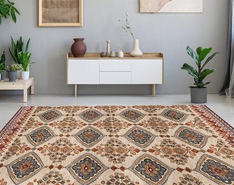 Geometric Moroccan Vinyl Floor Mat: Colorful Desert Design, Indoor Outdoor Rug