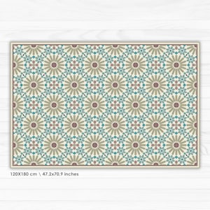 May include: A geometric pattern rug with a cream background, brown, teal, and pink accents. The rug features a repeating pattern of stylized flowers. The rug measures 47.2x70.9 inches.