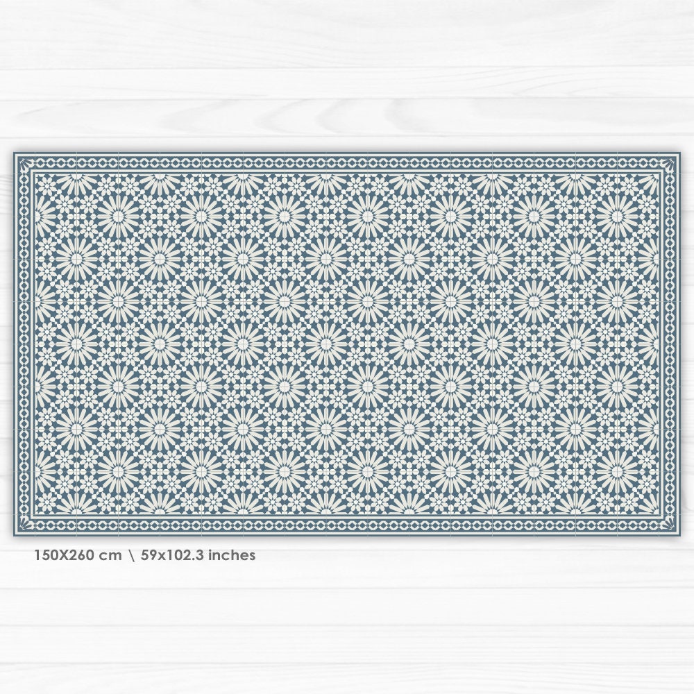 Tile Decal Rug Vinyl Area Rug With Moroccan Tiles Design in Blue and Beige. Linoleum ...