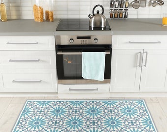 Light blue and grey vinyl floor mat with Moroccan tiles design. Highly durable kitchen rug, doormat, area rug and more. Art Mat.