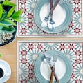 Vinyl placemats with Moroccan tiles design. Red and light blue placemats, printed on vinyl PVC. Kitchen decor, table setting, table mats. product logo