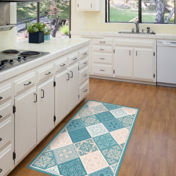 Green Vinyl Rug Runner. Kitchen Floor Mat With Vintage Tiles and Decorative  Frame. Spanish Tiles Design in Green. Green Vinyl Floor Mat. 