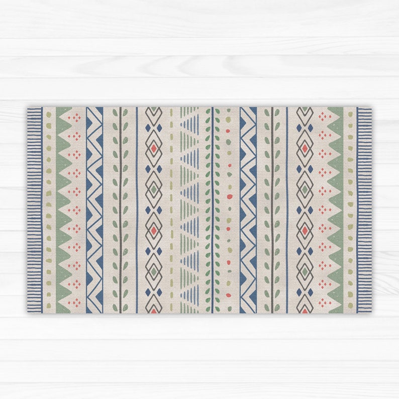 Geometric blue and green kitchen rug vinyl floor mat. Kitchen Etsy