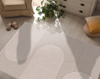 Nouveau - Formes de vagues abstraites régulières en beige, décoration moderne. Tapis géométrique moderne. Tapis de sol en vinyle parfaits pour toutes les pièces de la maison. PVC.