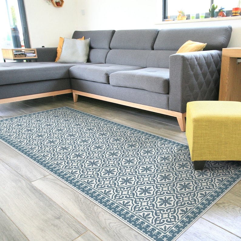 Blue Vinyl Rug Runner With Vintage Tiles and Decorative Frame. Etsy