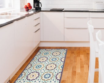Kitchen Floor Mat With Moroccan Tiles Design in Olive Green