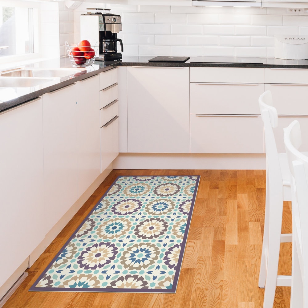 Purple Vinyl Floor Mat, Kitchen Floor Mat, With Moroccan Tiles Design.  Vinyl Rug, Zellige Tiles. Vinyl Kitchen Rug, Bath Mat, Kitchen Decor. 