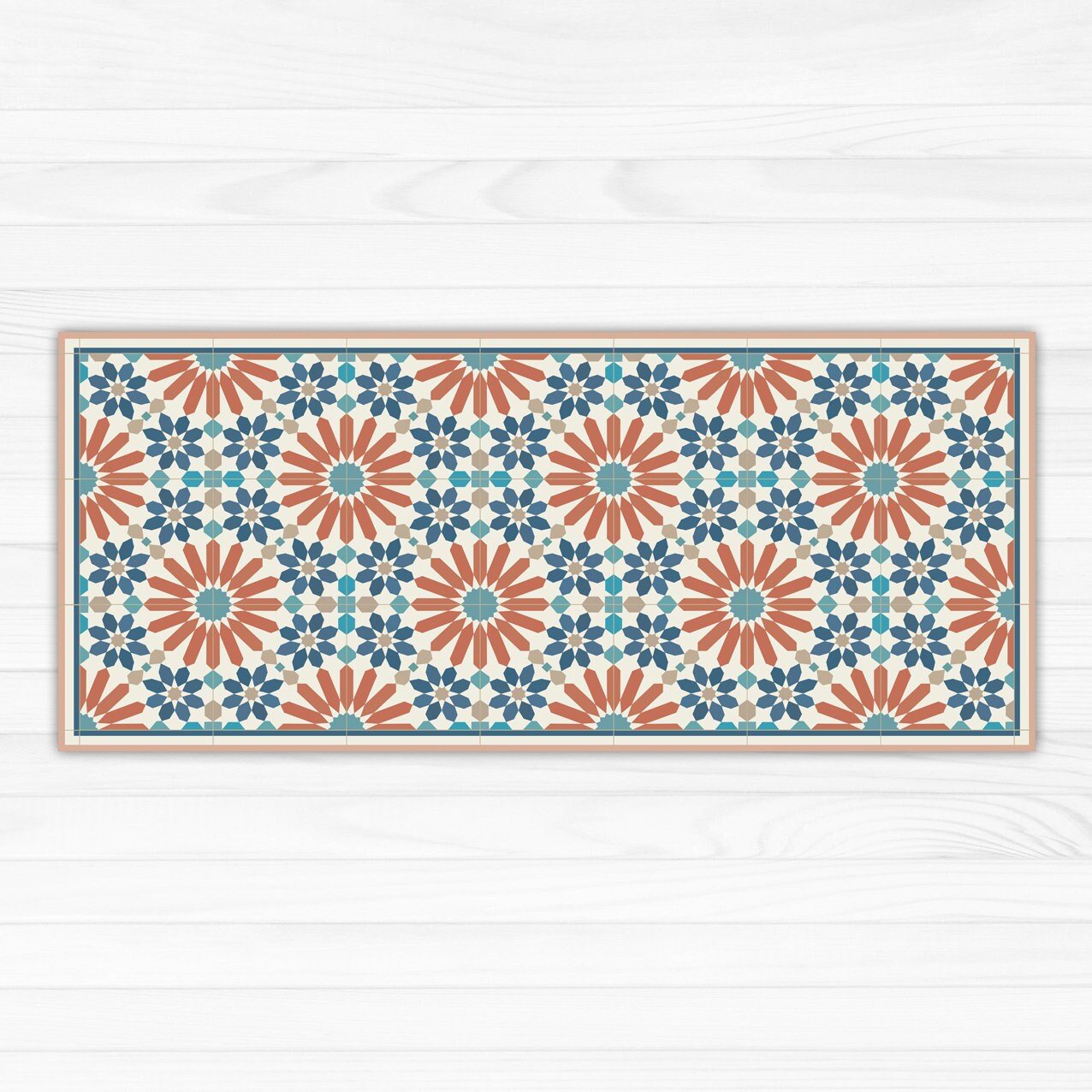 Orange and Blue Kitchen Runner Rug, Printed on Vinyl Floor Mat