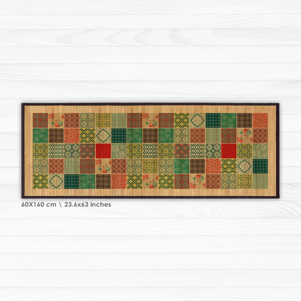 Printed Bamboo Rug - Patchwork Design in Green, Red and Turquoise ...