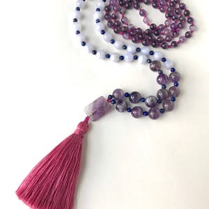 Blue lace agate mala necklace - Amethyst Necklace - Lapis Lazuli Jewelry - Mala Beads - Long Tassel Necklace - Yoga Gifts - Knotted Mala