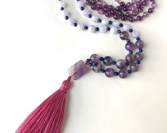 Blue lace agate mala necklace - Amethyst Necklace - Lapis Lazuli Jewelry - Mala Beads - Long Tassel Necklace - Yoga Gifts - Knotted Mala