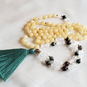 Honey Calcite Mala Necklace - Yellow Calcite - Crown Chakra Mala - Seraphinite - OOAK Mala Beads - Meditation Beads - Spirit Guides - Gifts