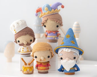 Royal Servants from “Mini Kingdom” collection, crochet patterns by AradiyaToys (Amigurumi tutorial PDF file), joker, astronomer chef drummer