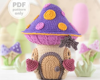 mushroom house crochet pattern by AradiyaToys mini kingdom amigurumi witch home crochet DIY tutorial PDF file handmade halloween decoration