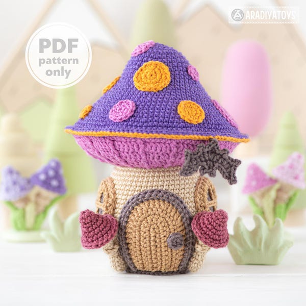 Wzór szydełkowy na domek z grzybów autorstwa AradiyaToys, mini królestwo, domek czarownicy z amigurumi, samouczek DIY, plik PDF, ręcznie robiona dekoracja na Halloween