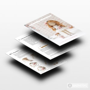 May include: Three-page crochet pattern titled "Friendly Melanie" by AradiyaToys. The top page features a crocheted doll with long brown hair, a white dress, and floral accents. The other pages show instructions and diagrams for assembly and materials.