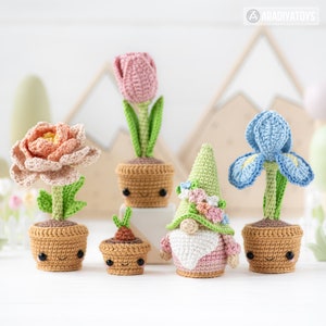 Modèle de fleurs au crochet amigurumi bouquet iris, pivoine, tulipe, fleurs dans des pots modèle coccinelle kawaii nain de jardin secret tutoriel fichier PDF image 4