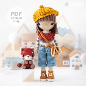 crochet doll pattern amigurumi Kimberly doll with red panda Roxy by AradiyaToys beret tutorial PDF file handmade DIY dolls crochet patterns