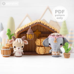 7 in 1 Krippe Häkelmuster Set Stall Ziegenbock Elefant DIY Weihnachten Mini Amigurumi Tier Patterns Weihnachtskrippe (Tutorial PDF Datei)