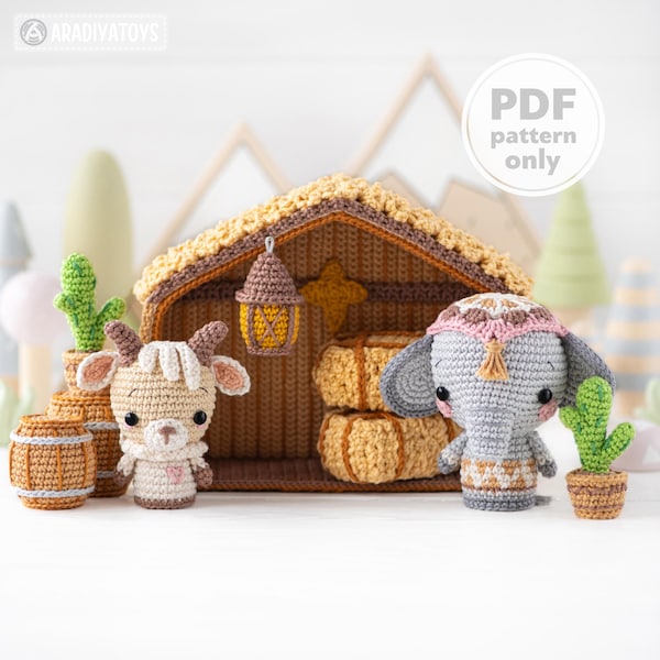 7-in-1 Krippen Häkelanleitungen Set stabil Zicklein Elefant DIY Weihnachten mini Amigurumi Tier Schnittmuster Krippe (PDF-Datei PDF-Anleitung)