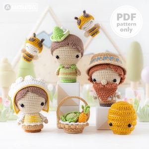 6-in-1 Bienen Bauernhof Häkelanleitung Amigurumi von AradiyaToys Mini-Königreich Imker Bienenstock Gemüsekorb DIY Handarbeit PDF-Datei