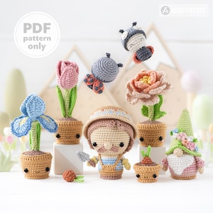 May include: Crochet amigurumi pattern PDF for a gardener, a gnome, a tulip, an iris, a peony, and a ladybug. The pattern includes instructions for making each character and flower.