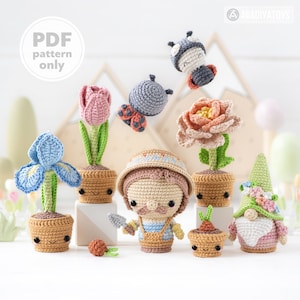 Flower crochet pattern amigurumi bouquet iris, peony, tulip, flowers in pots pattern ladybug kawaii secret garden gnome (Tutorial PDF file)