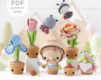 Flower crochet pattern amigurumi bouquet iris, peony, tulip, flowers in pots pattern ladybug kawaii secret garden gnome (Tutorial PDF file)
