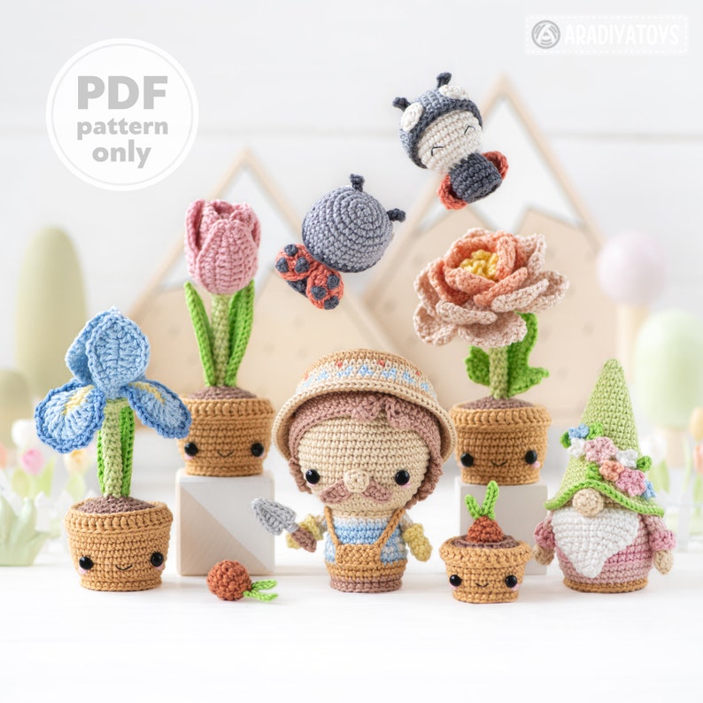 Modèle de fleurs au crochet amigurumi bouquet iris, pivoine, tulipe, fleurs dans des pots modèle coccinelle kawaii nain de jardin secret tutoriel fichier PDF image 1