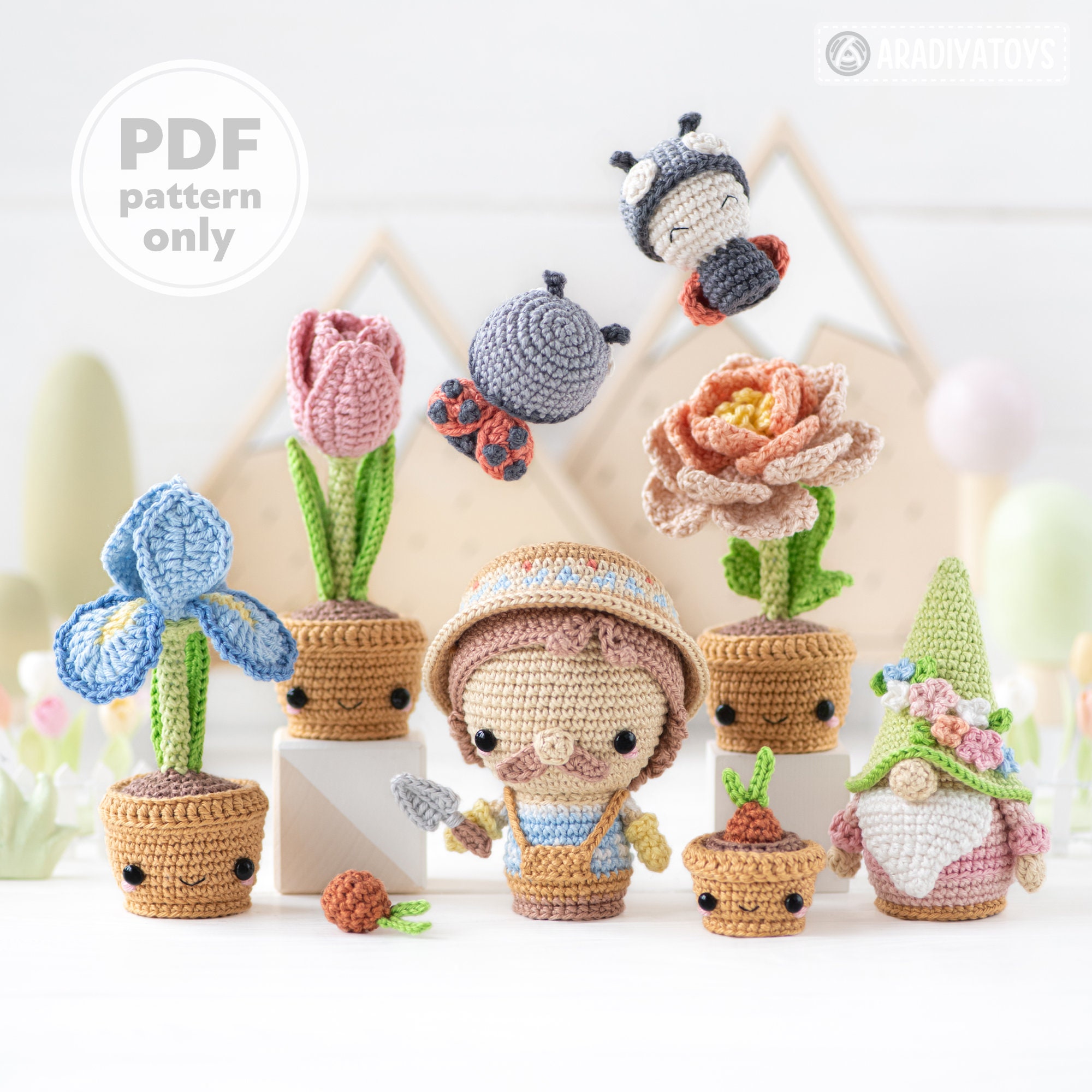 7-in-1 flower crochet pattern amigurumi bouquet iris peony tulip flowers in pot pattern ladybug kawaii secret garden gnome Tutorial PDF file